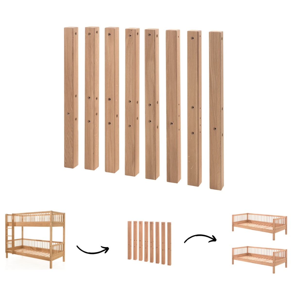 VIPACK FORREST wooden oak legs that convert Oak Bunk Bed into two separate single day beds