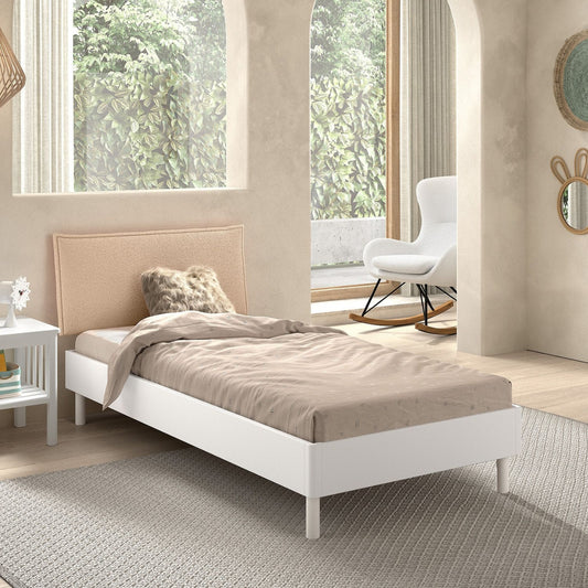 VIPACK FORREST white beech single bed with beige bouclé headboard