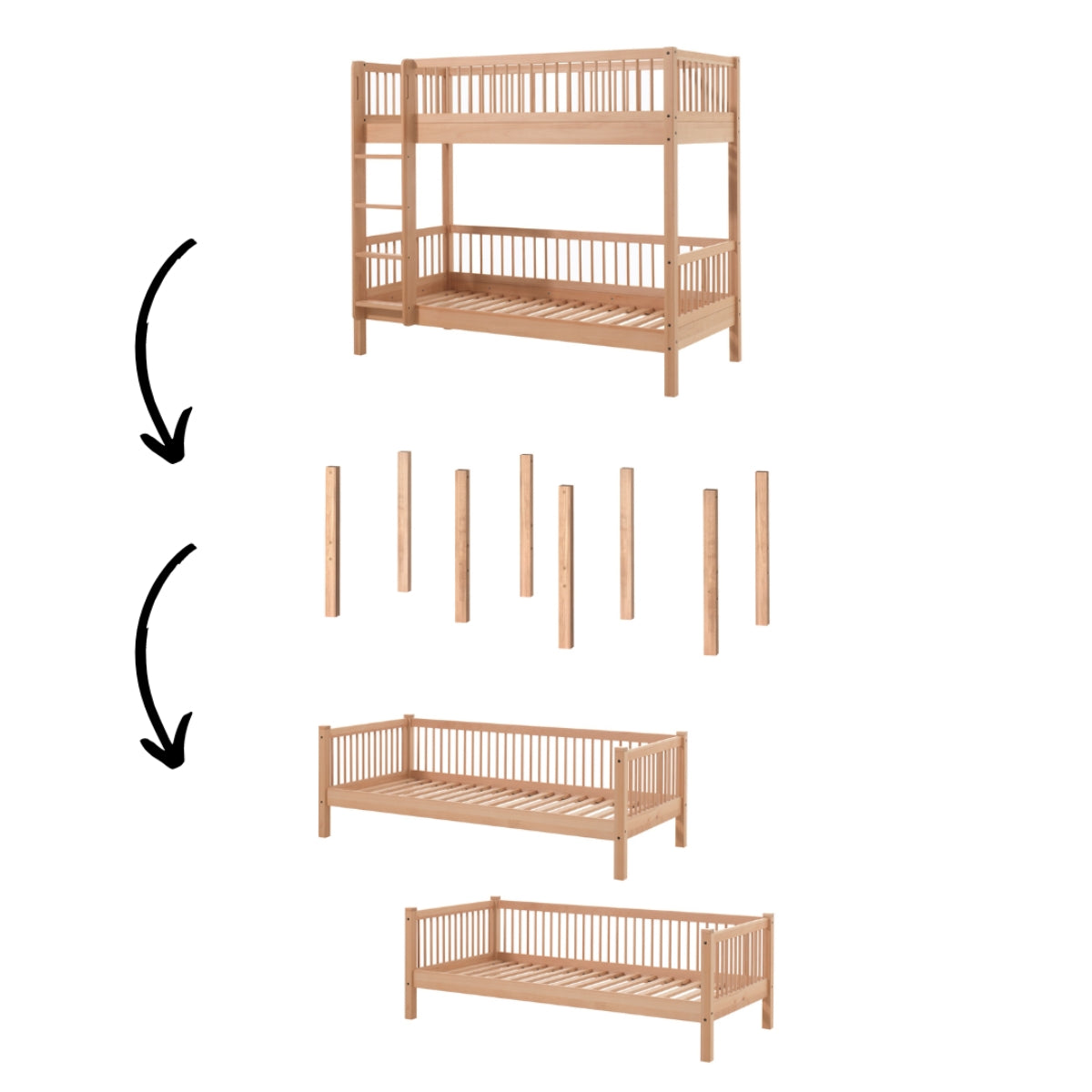 showing coversion of VIPACK FORREST Bunk Bed Natural into two separate 90 x 200cm single day beds