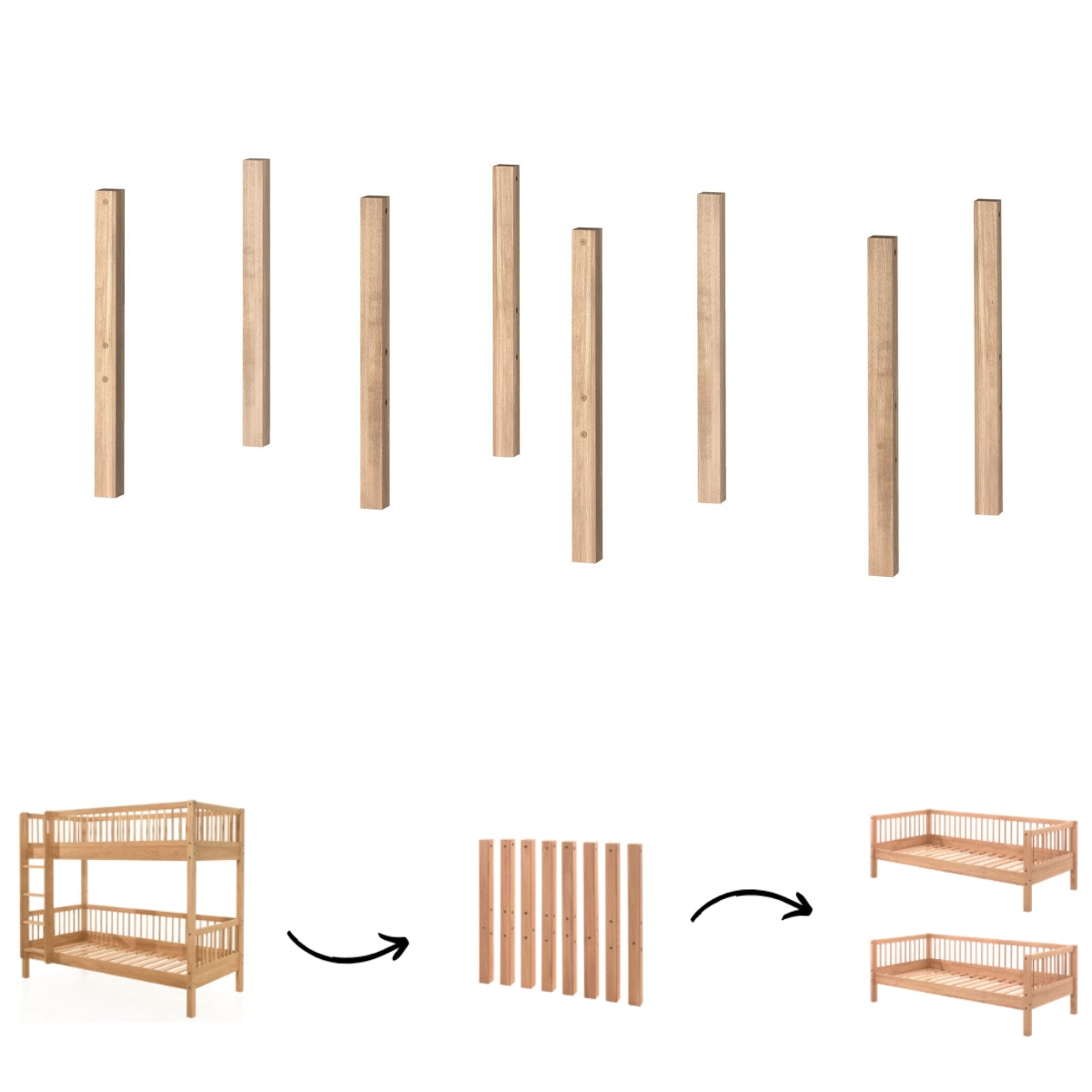 VIPACK FORREST Bunk Bed Natural conversion kit to turn bunk bed into two single beds on white background