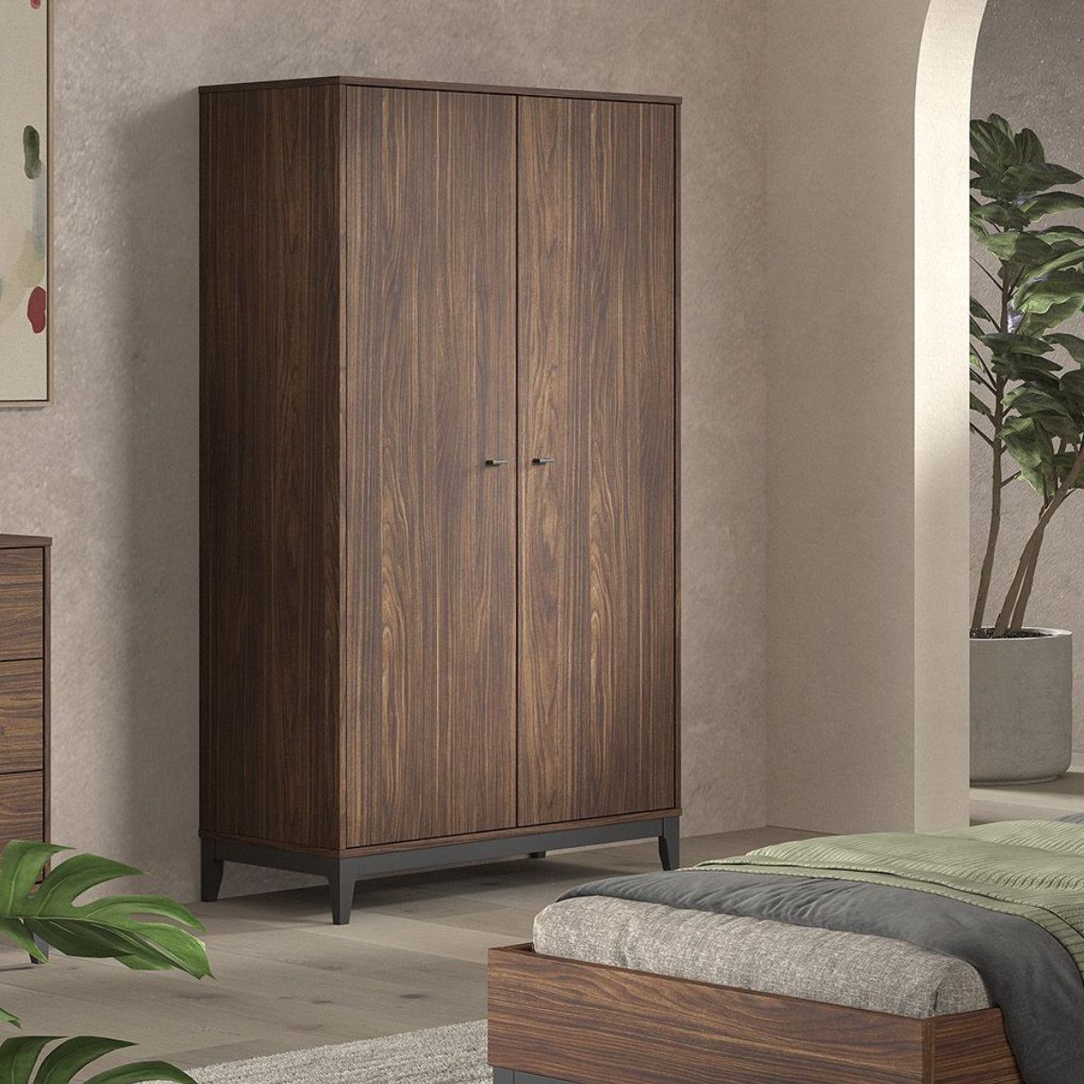 VIPACK ILYAS dark wood walnut 2 door wardrobe with hanging rail and shelving in modern kids and teen bedroom
