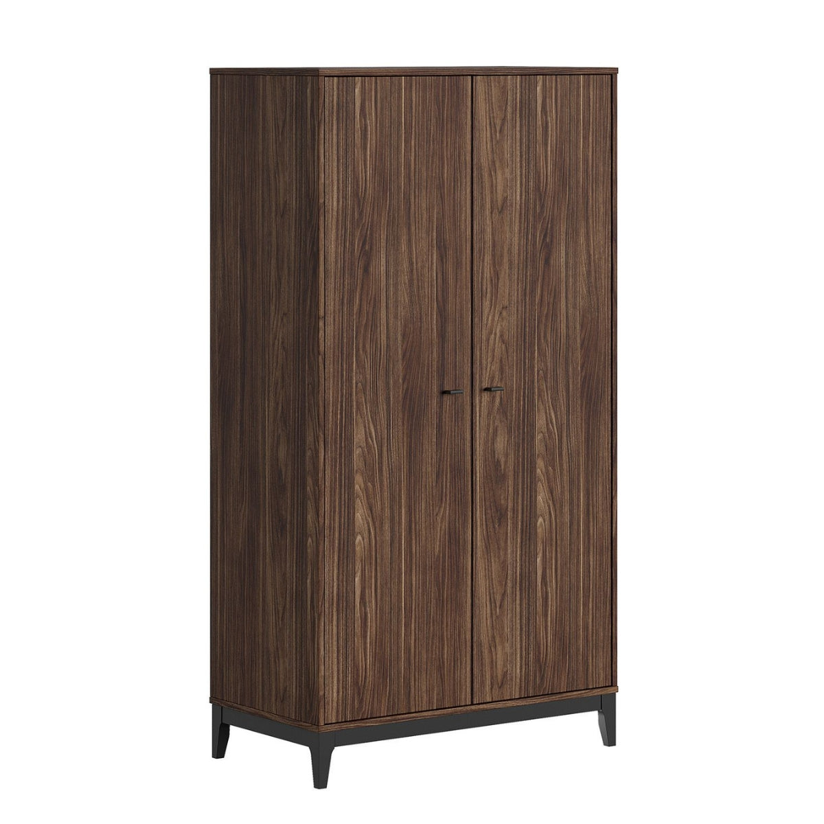 VIPACK JAXX ILYAS walnut 2 door wardrobe with black legs and handles on plain white background