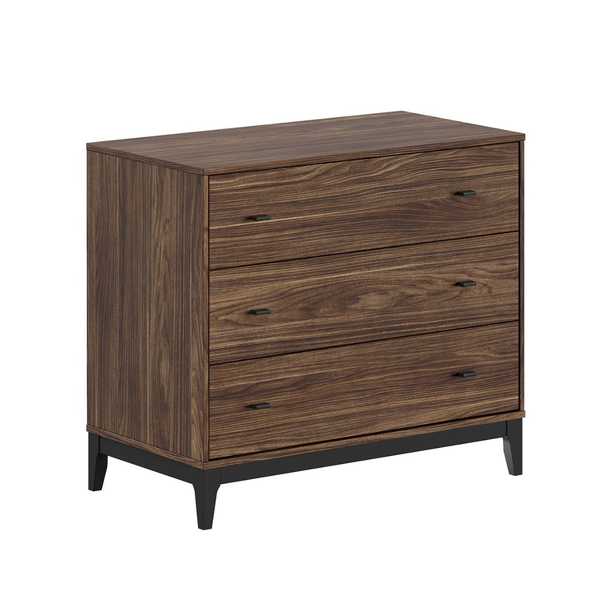 VIPACK JAXX ILYAS walnut 3 drawer chest with black legs and handles on plain white background