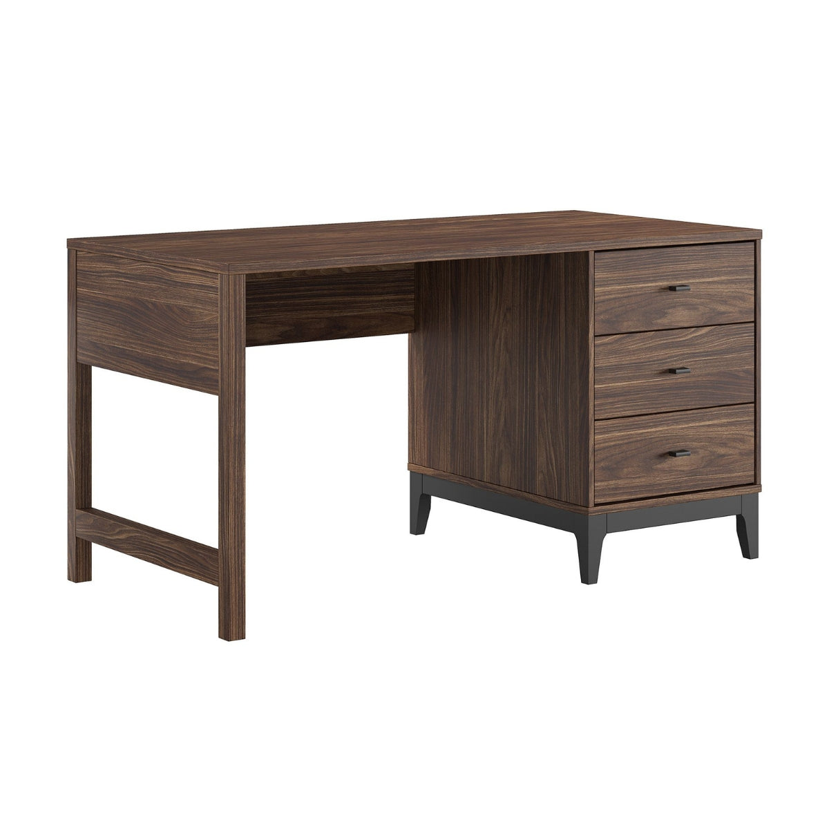 VIPACK ILYAS dark wood walnut desk with 3 drawers and black legs on plain white background