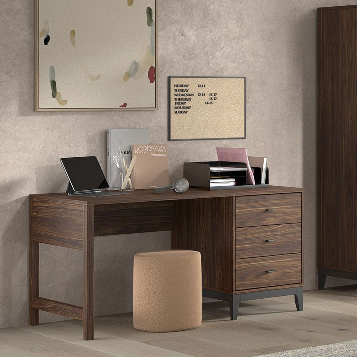 VIPACK ILYAS dark wood walnut study desk with 3 drawers in modern teenage bedroom