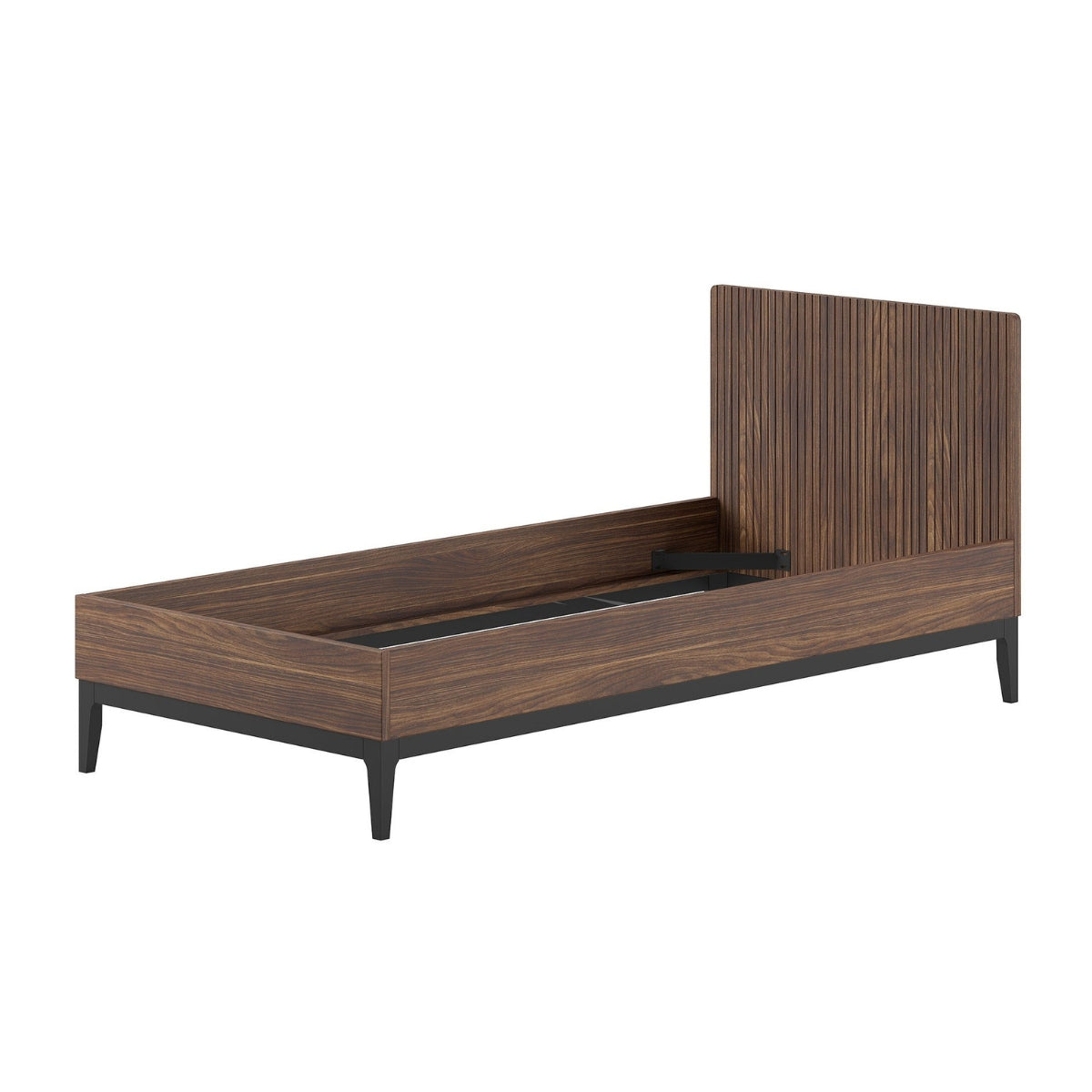 VIPACK ILYAS walnut single bed bed with dark wood fluted headboard and black legs on plain white background