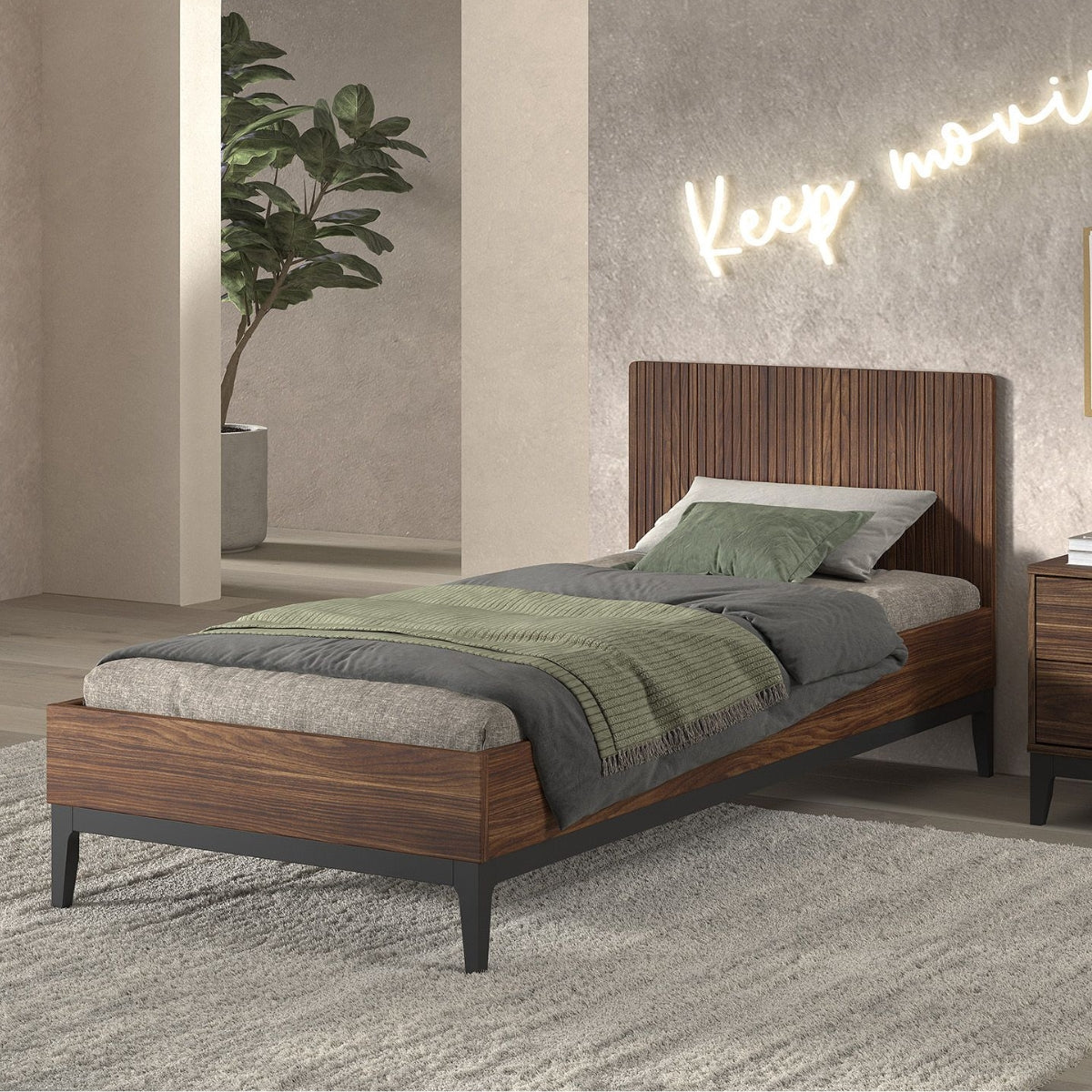 VIPACK ILYAS walnut single bed with fluted headboard and black legs in modern teenagers bedroom