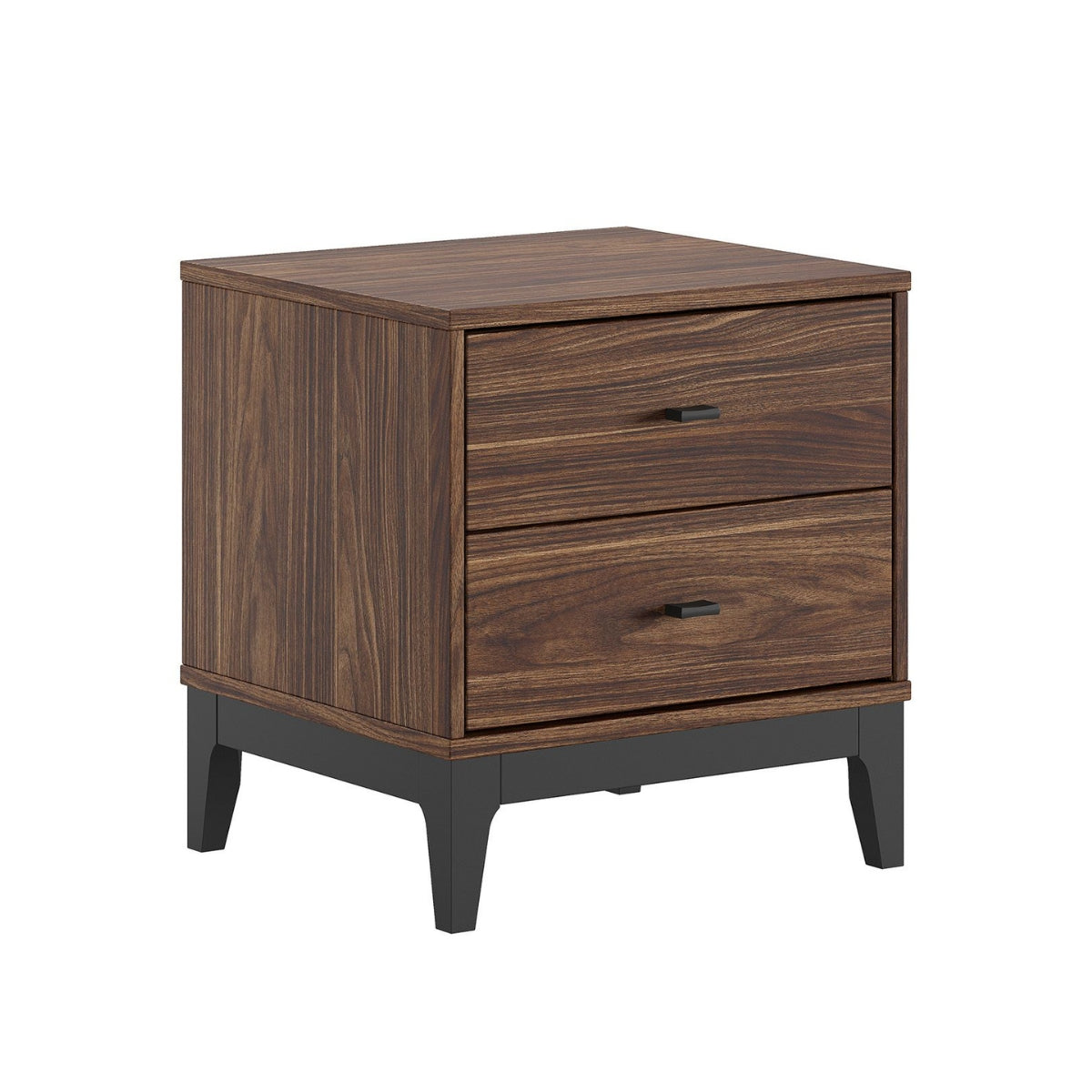 VIPACK ILYAS walnut bedside table with two soft-close drawers and black legs on plain white background