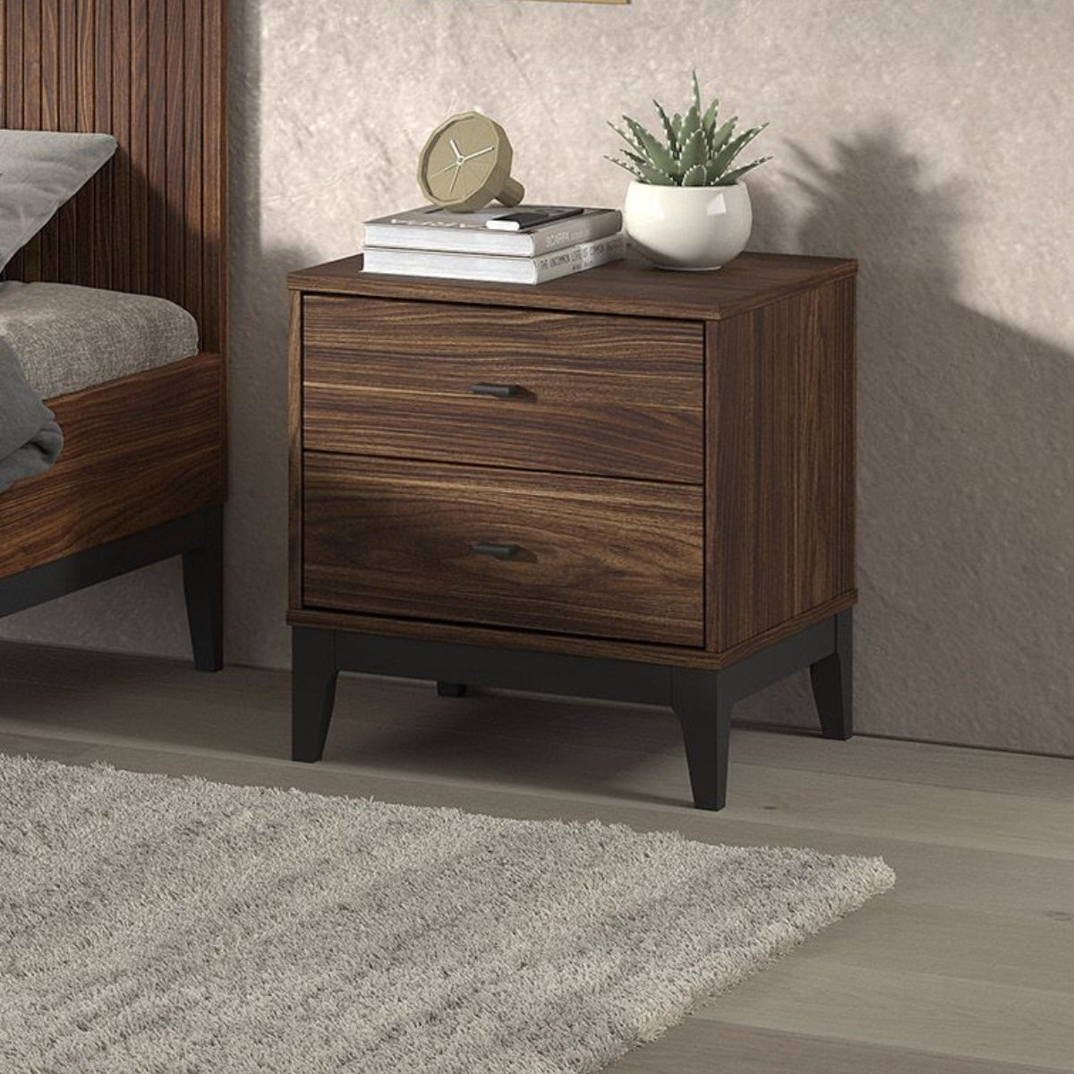 VIPACK ILYAS walnut bedside table in modern older child's or teenage bedroom next to dark wood bed