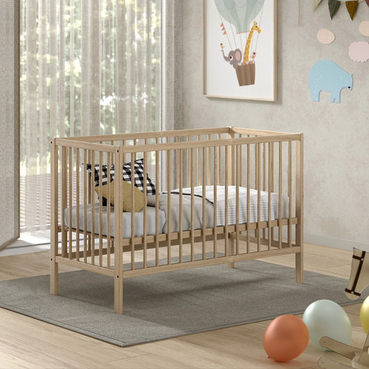 Natural wooden 120x60cm cot in modern looking nursery baby infant bedroom main front view