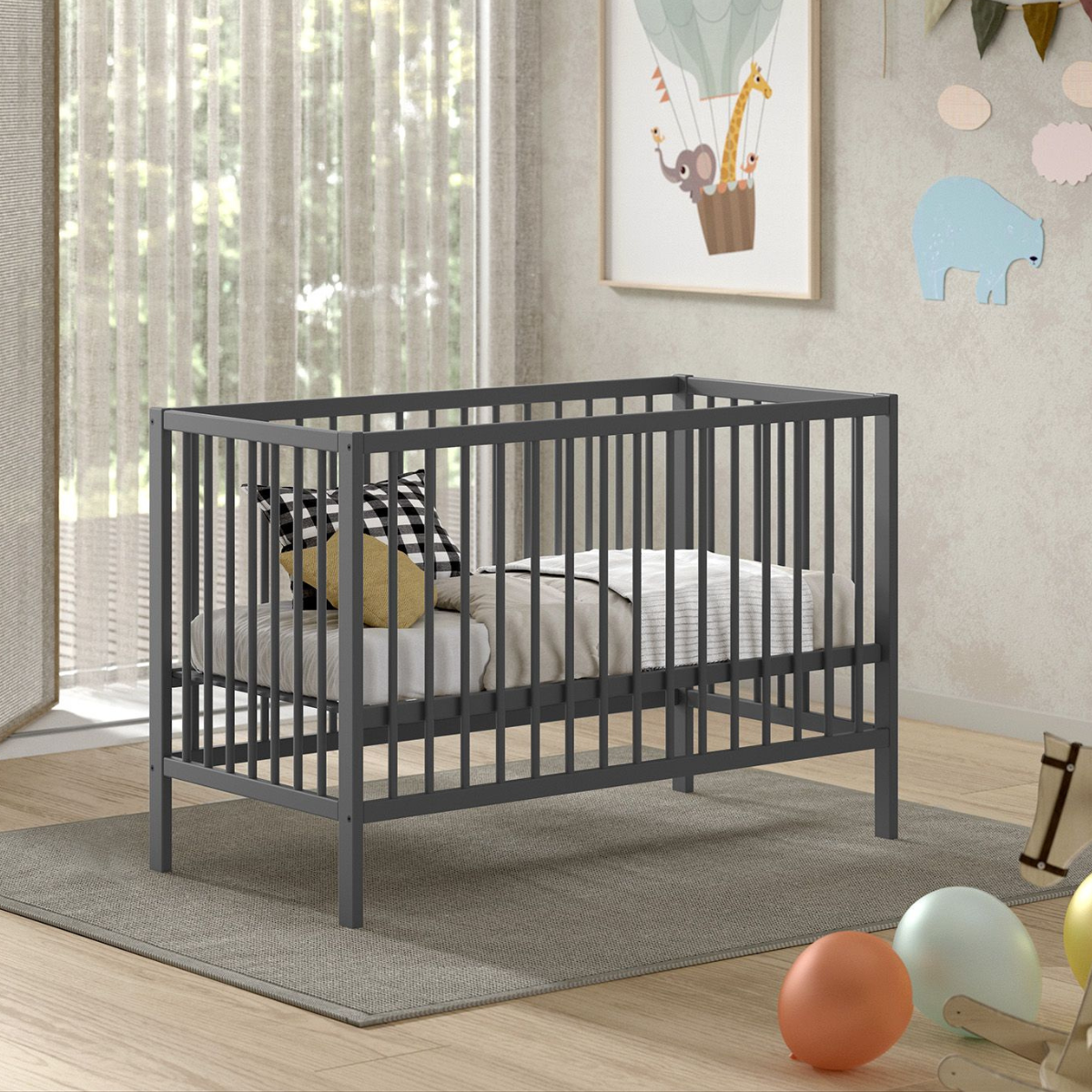 modern grey VIPACK DINO 120x60cm cot in modern nursery baby infant bedroom