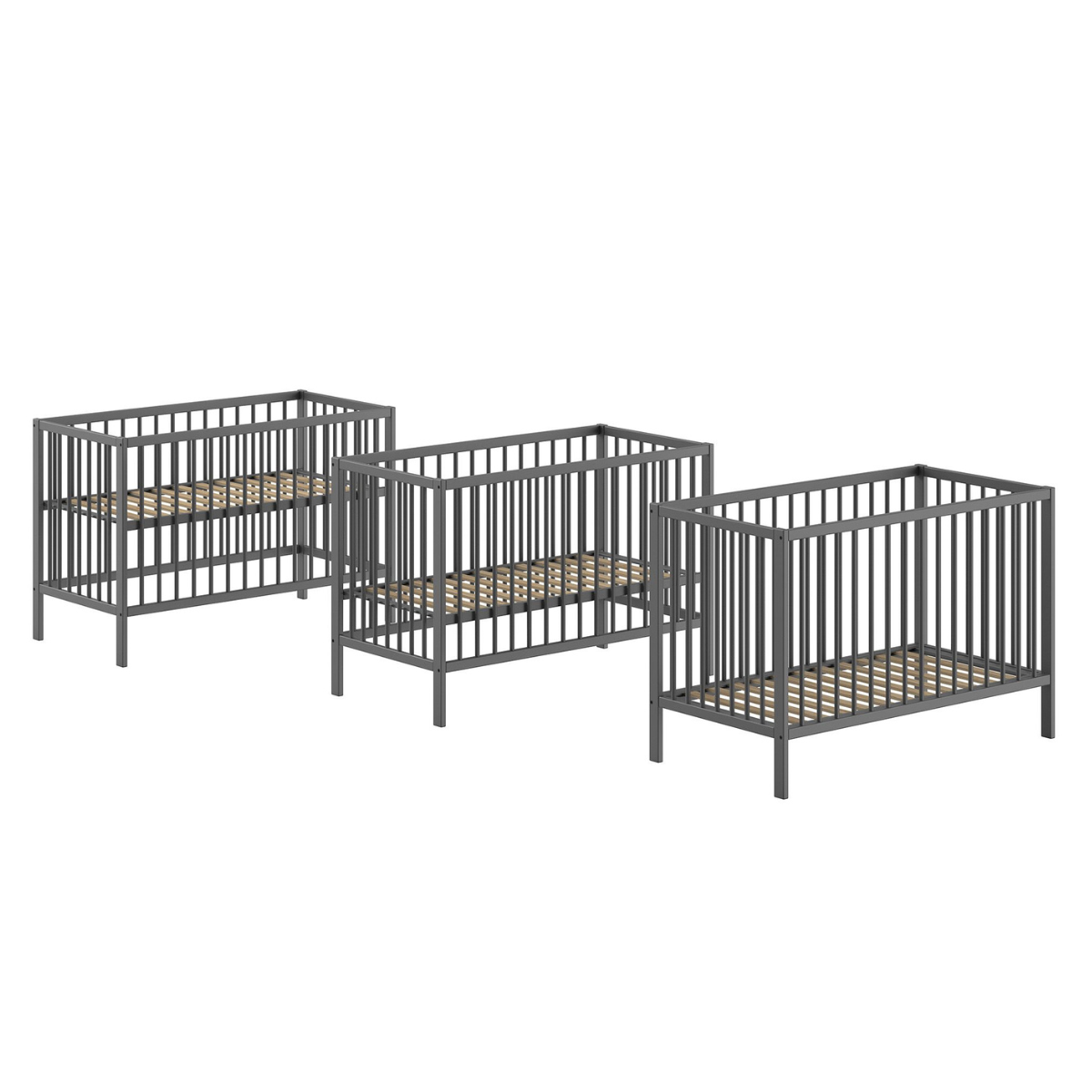 modern grey 120x60cm VIPACK DINO cot on plain white background product shot showing 3 different stages of use