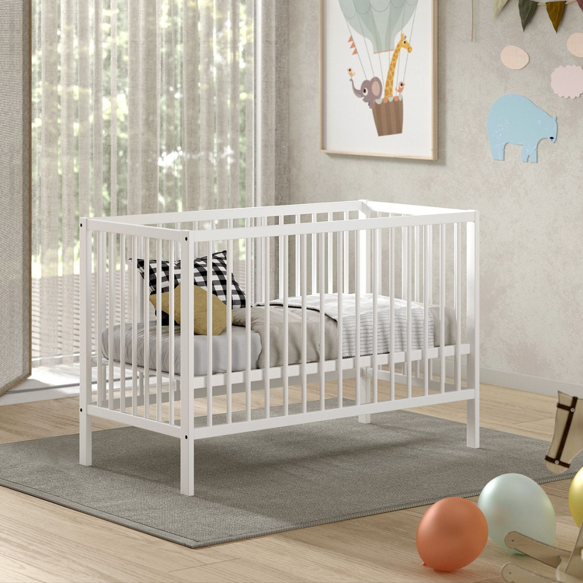 White 120x60cm baby cot in modern nursery baby infant bedroom