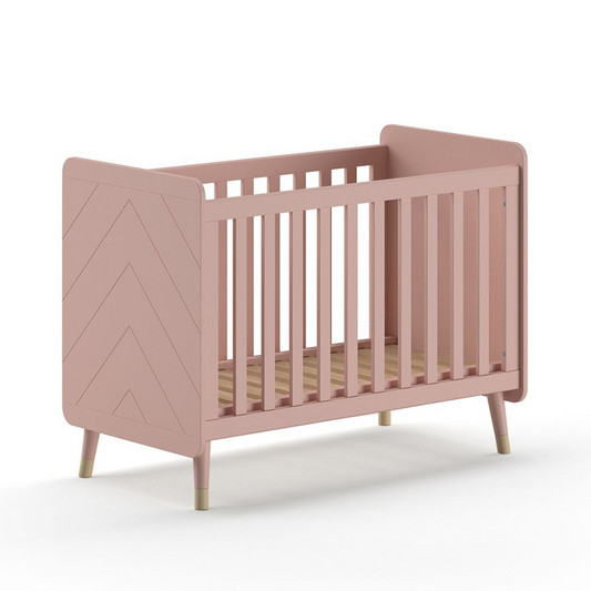 VIPACK JAXX BILLY pink & gold 120x60cm cot with wooden slats on a plain white background. Solid pink cot ends with modern engraved detailing. Cot has gold feet gold legs. pink & gold modern infant baby cot