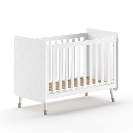 VIPACK JAXX BILLY White & gold 120x60cm cot with wooden slats on a plain white background. Solid white cot ends with modern engraved detailing. Cot has gold feet gold legs. White & gold modern infant baby cot