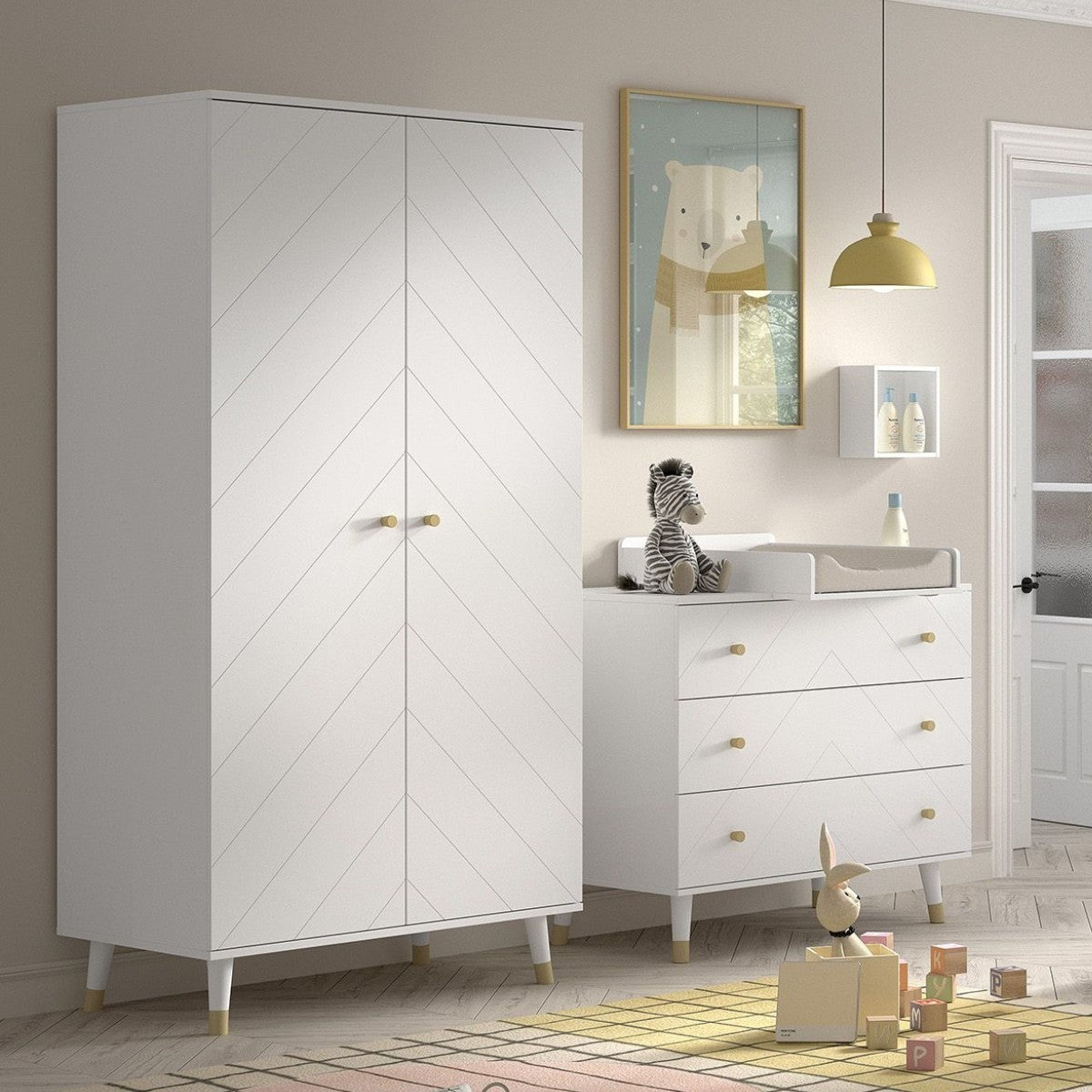 VIPACK JAXX Billy satin white 2 door nursery wardrobe with gold handles