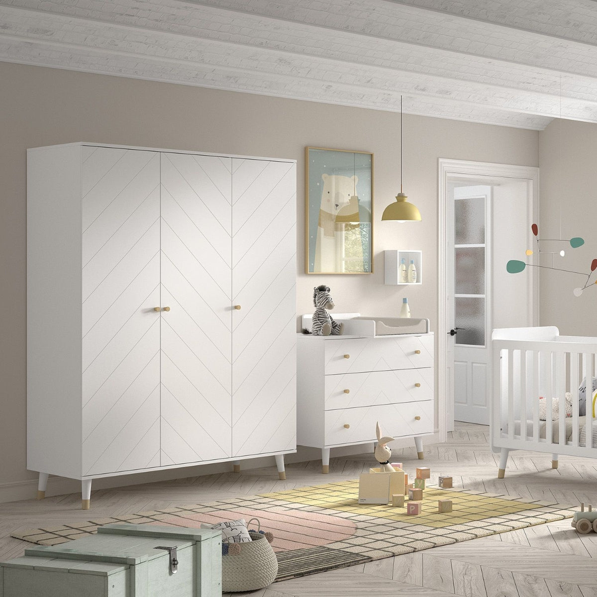 VIPACK JAXX Billy satin white large 3 door nursery wardrobe with gold handles with matching drawers and cot on modern nursery