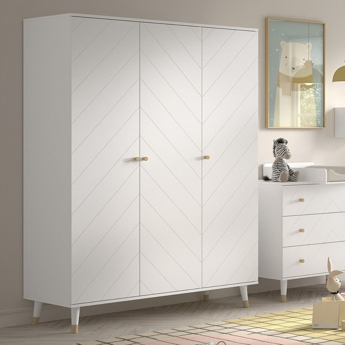 VIPACK JAXX Billy satin white 3 door nursery wardrobe with gold handles in modern nursery