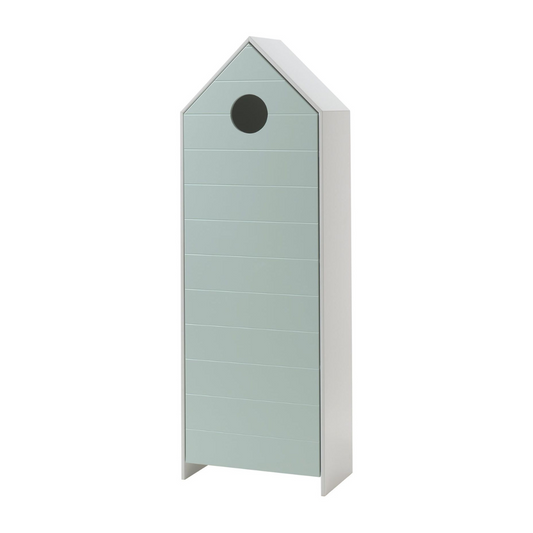 Beach house shaped single wardrobe with light green mint coloured door and white frame on a white background