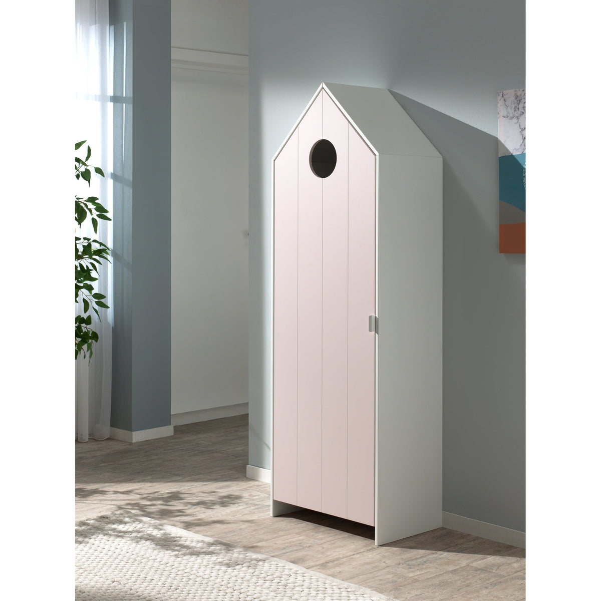 White beach hut single wardrobe with pink door for kids nursery