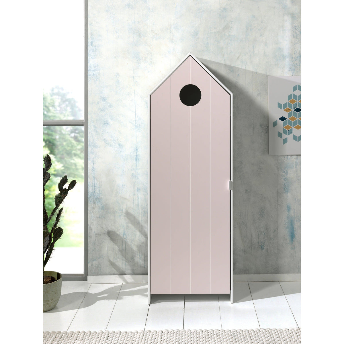 White beach hut single wardrobe with pink door for kids bedroom