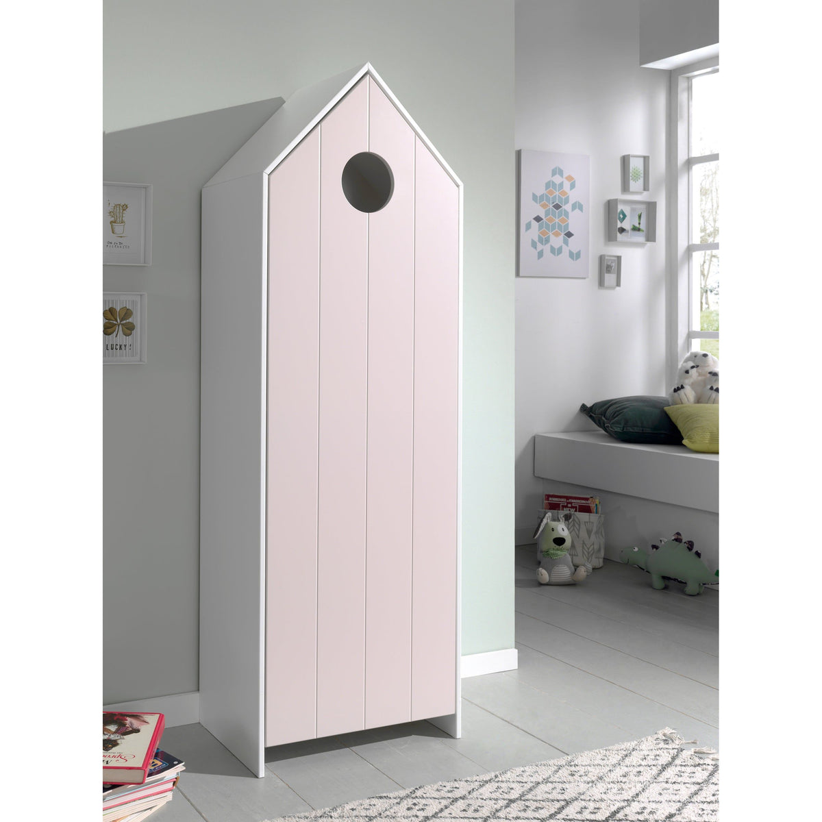 White beach hut single wardrobe with pink door for kids bedroom nursery or playroom