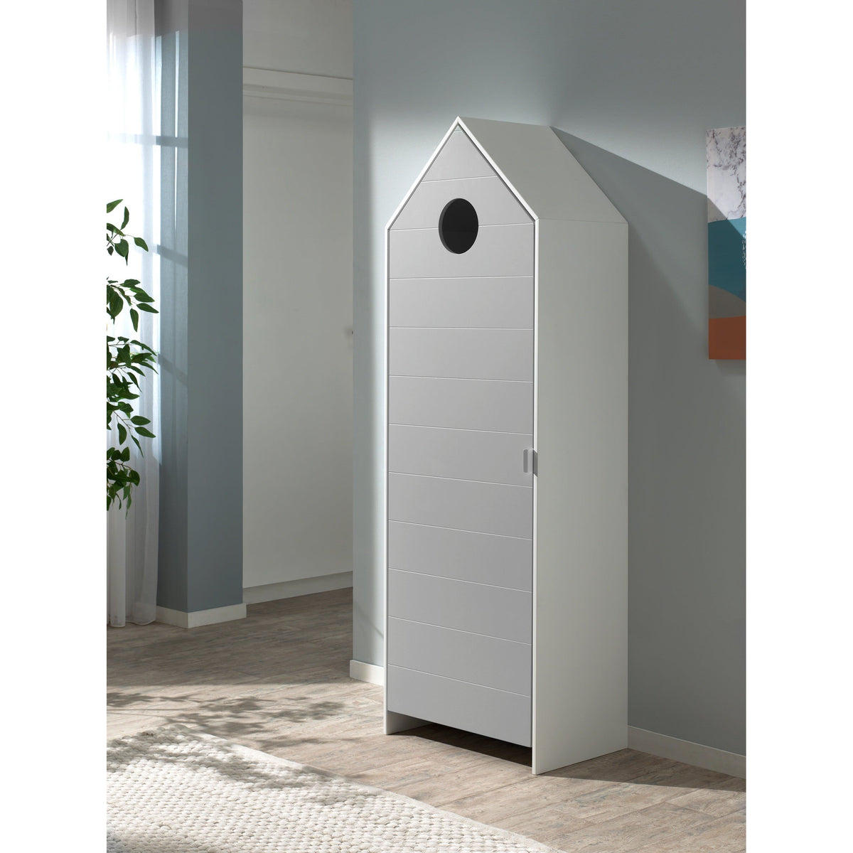 White beach hut single wardrobe with grey door for kids bedroom nursery or playroom