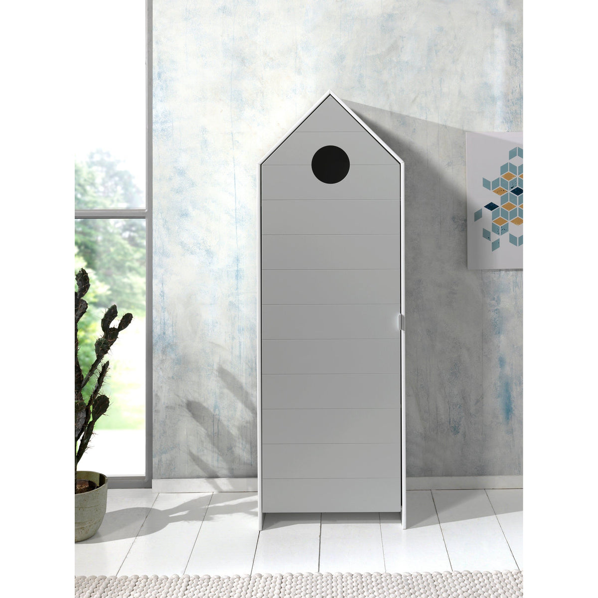 White beach hut single wardrobe with grey door for kids bedroom nursery