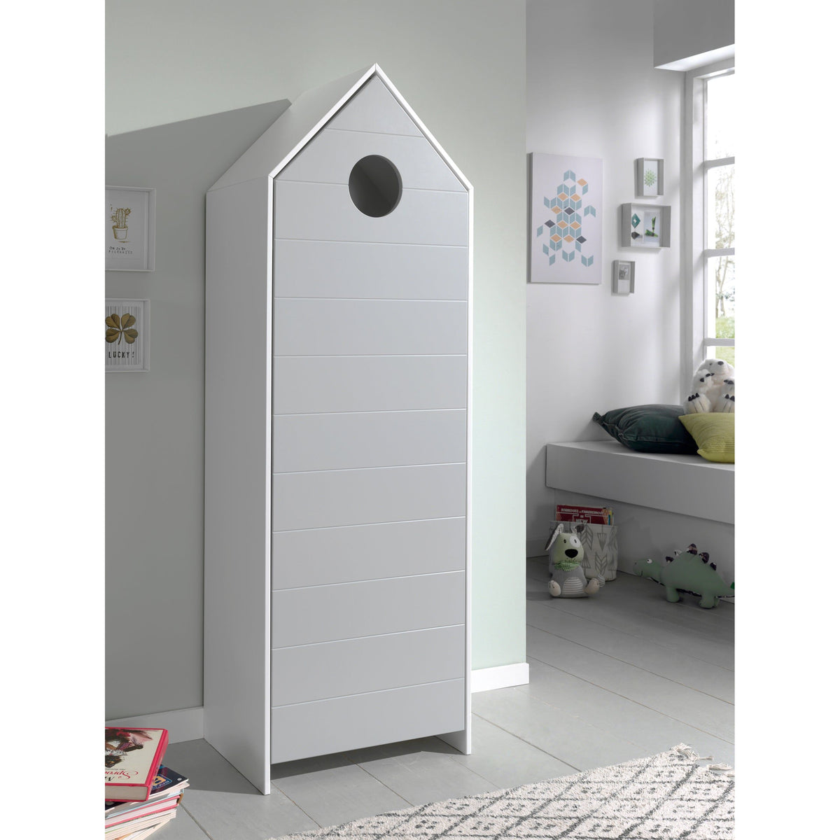 White beach hut single wardrobe with grey door for kids bedroom