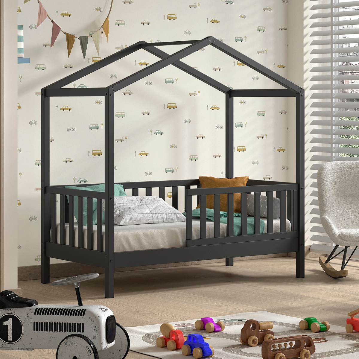 VIPACK JAXX DALLAS toddler house bed 140 x 70cm anthracite