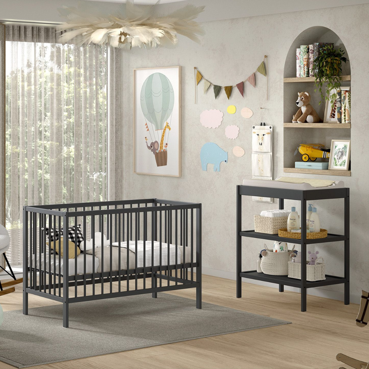 VIPACK JAXX DINO cot 120 x 60cm & baby changing table bundle anthracite