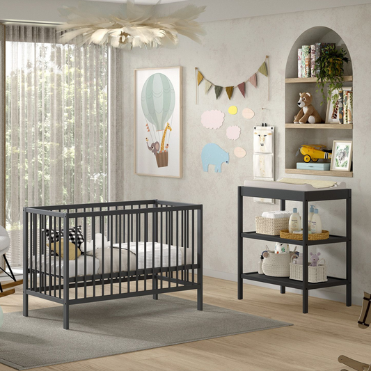 VIPACK JAXX DINO cot 120 x 60cm & baby changing table bundle anthracite