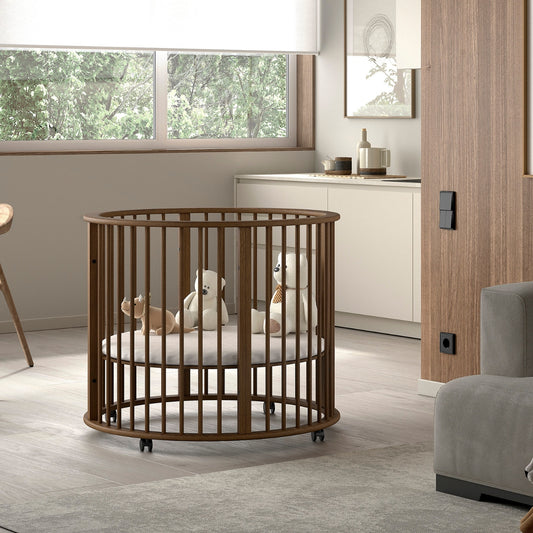 round walnut wooden baby playpen in modern apartment