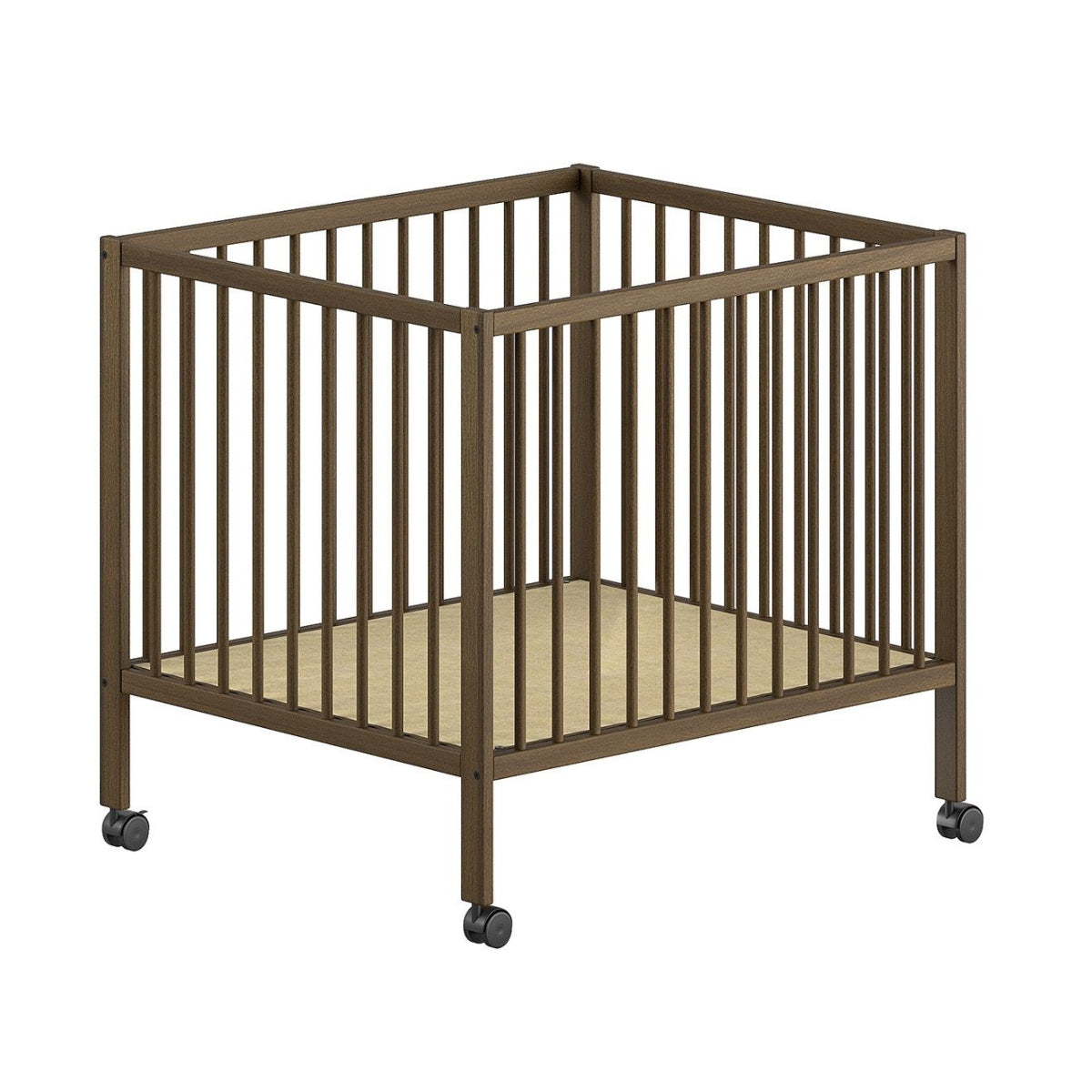 VIPACK JAXX DINO wooden baby playpen 95 x 75cm in walnut with removable swivel wheels on white background
