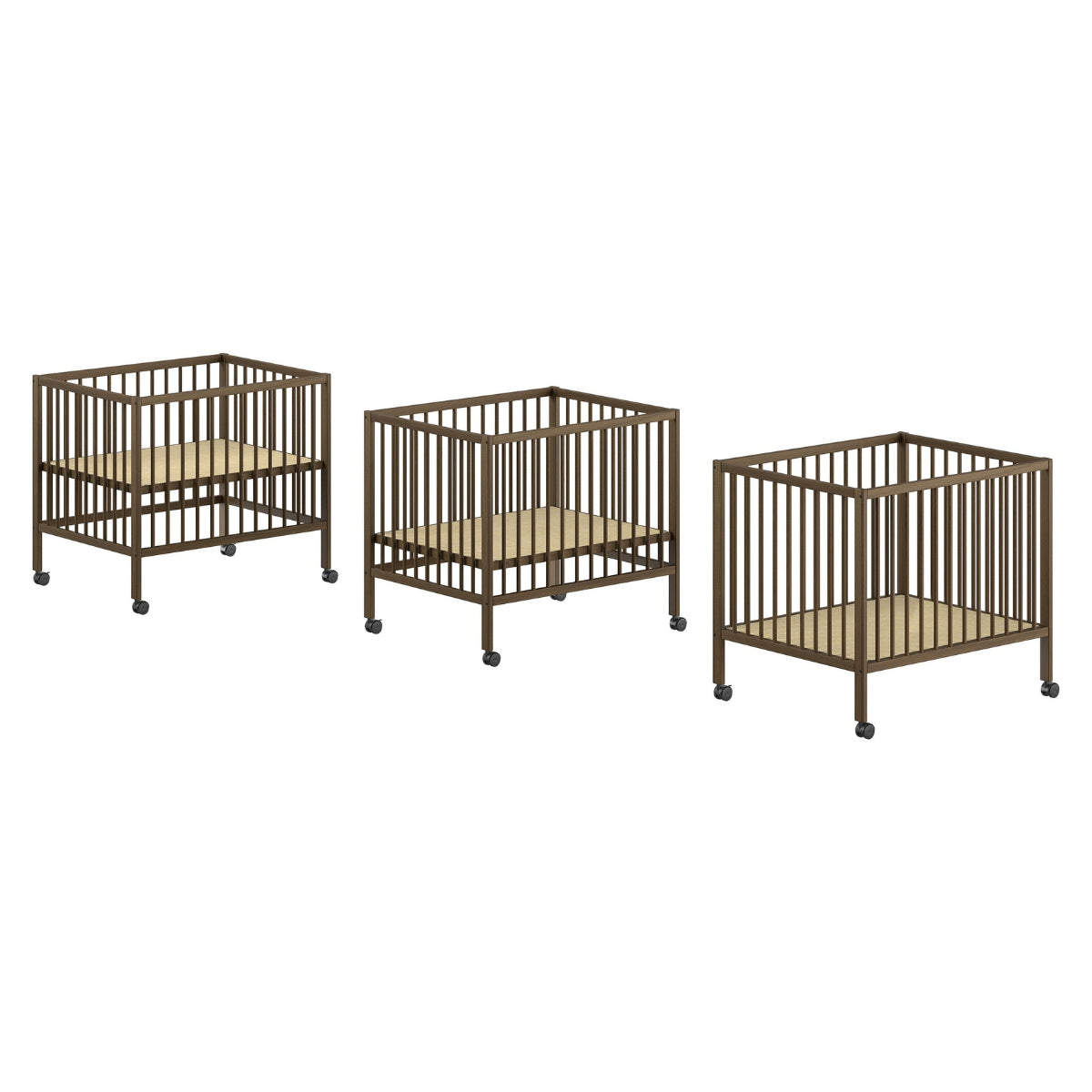 VIPACK JAXX DINO walnut wooden playpen showing the three adjustable base height positions