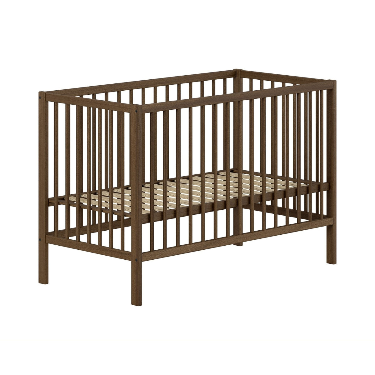 VIPACK JAXX DINO 120 x 60cm wooden baby cot in walnut with adjustable slatted mattress base on white background