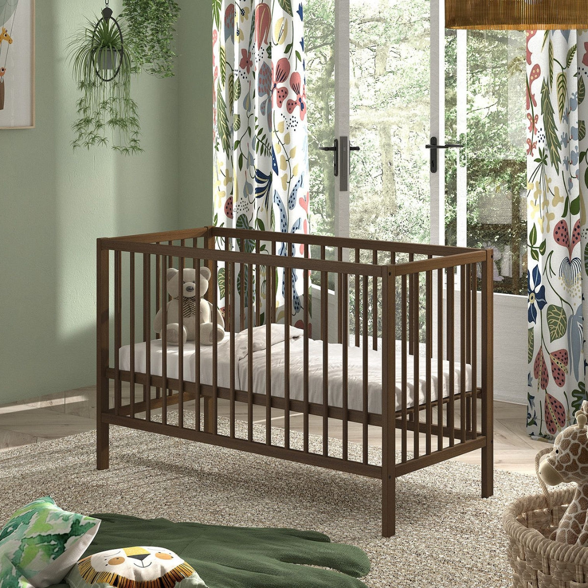 VIPACK JAXX DINO 120 x 60cm walnut wooden baby cot with mattress in a modern nursery