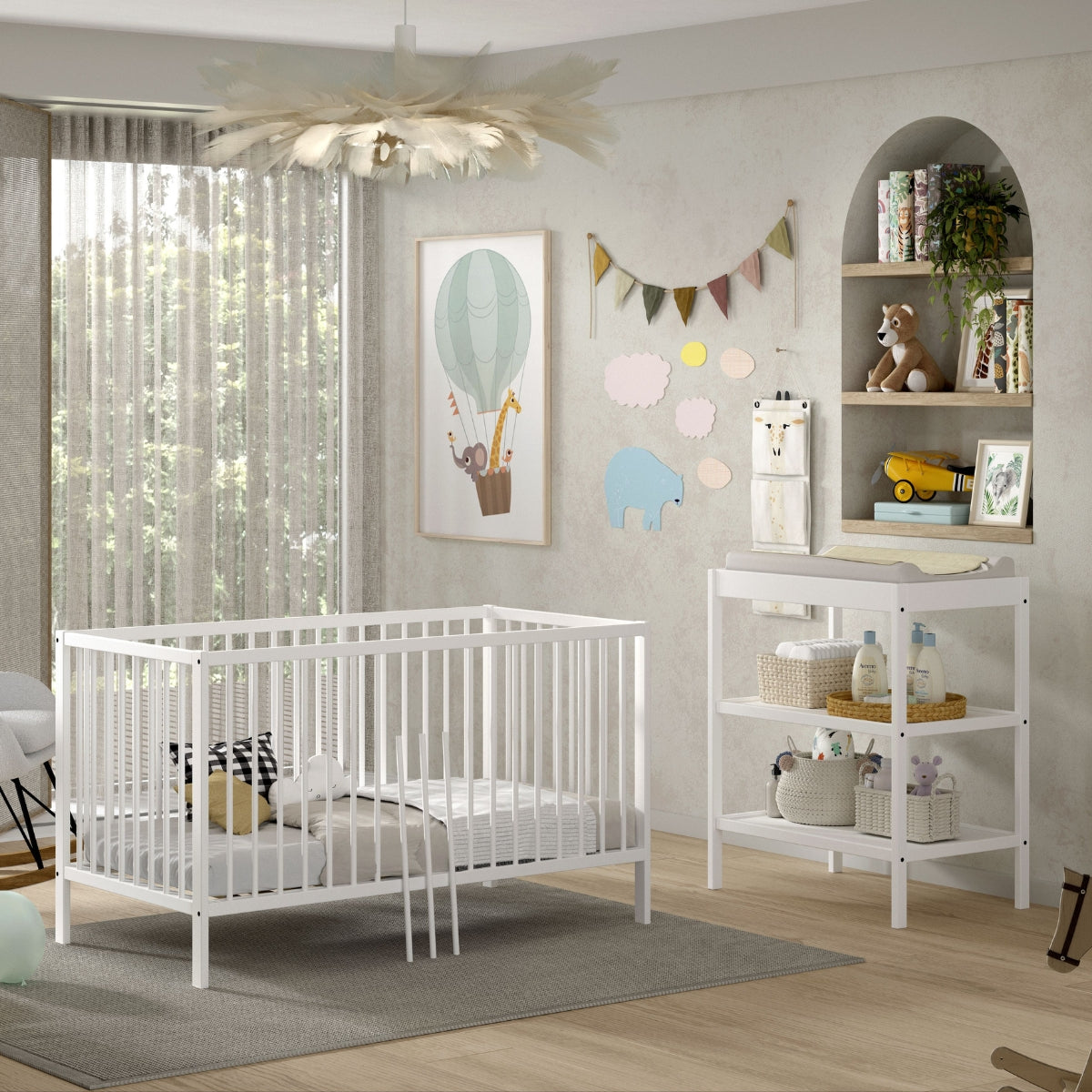 VIPACK JAXX DINO white 140 x 70cm convertible cot bed and baby changing table nursery furniture bundle