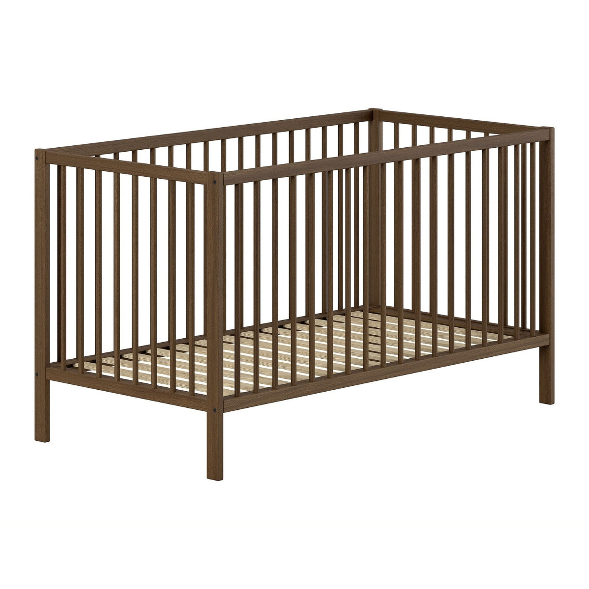 VIPACK JAXX DINO 140 x 70cm walnut wooden cot bed with adjustable slatted mattress base on plain white background