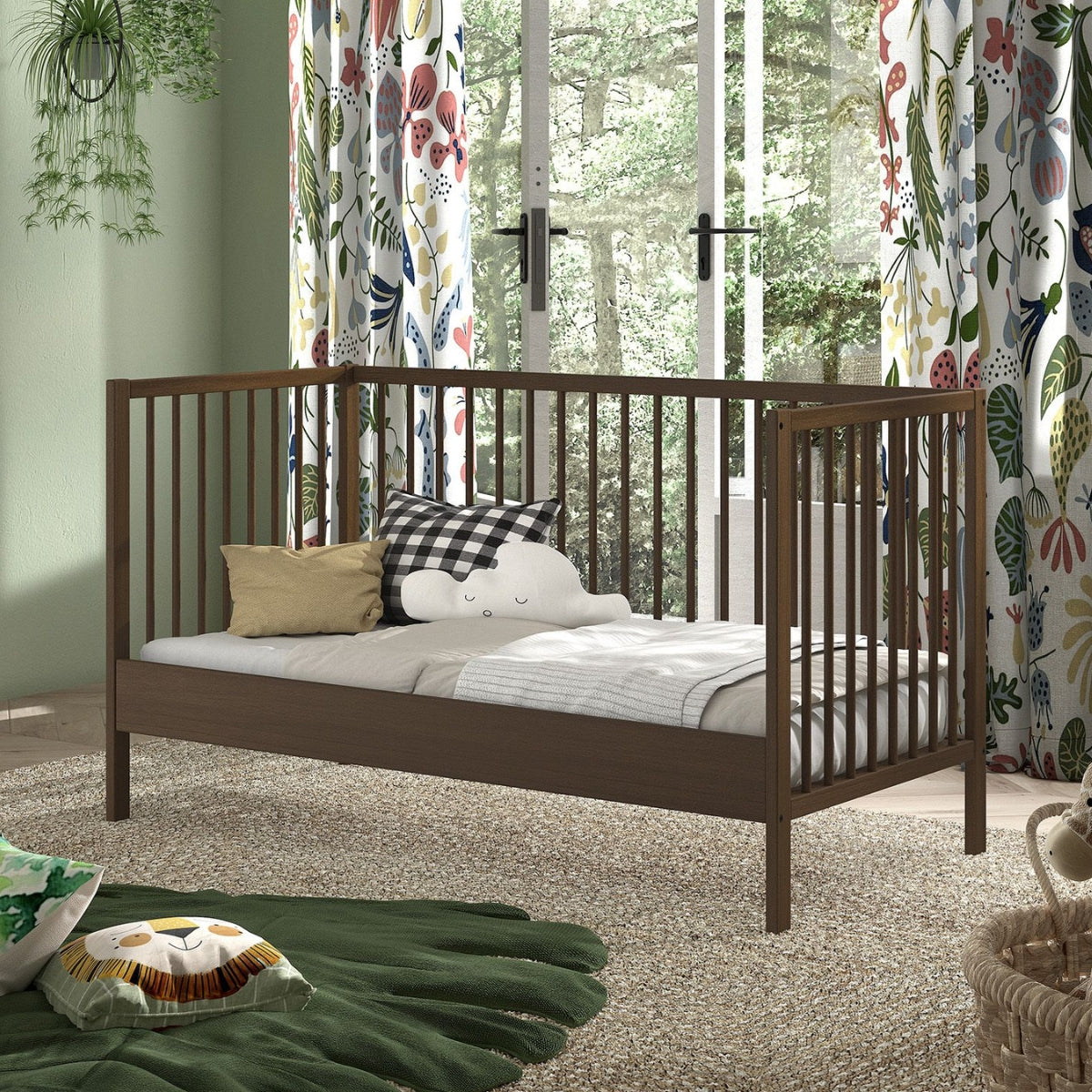 VIPACK JAXX DINO 140 x 70cm walnut cot bed converted into a toddler bed in a modern nursery