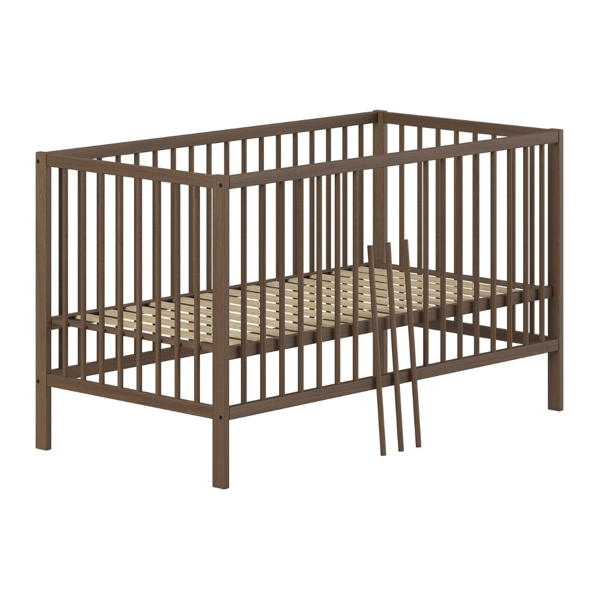 VIPACK JAXX DINO 140 x 70cm walnut cot bed showing three removable bars for toddler access on white background