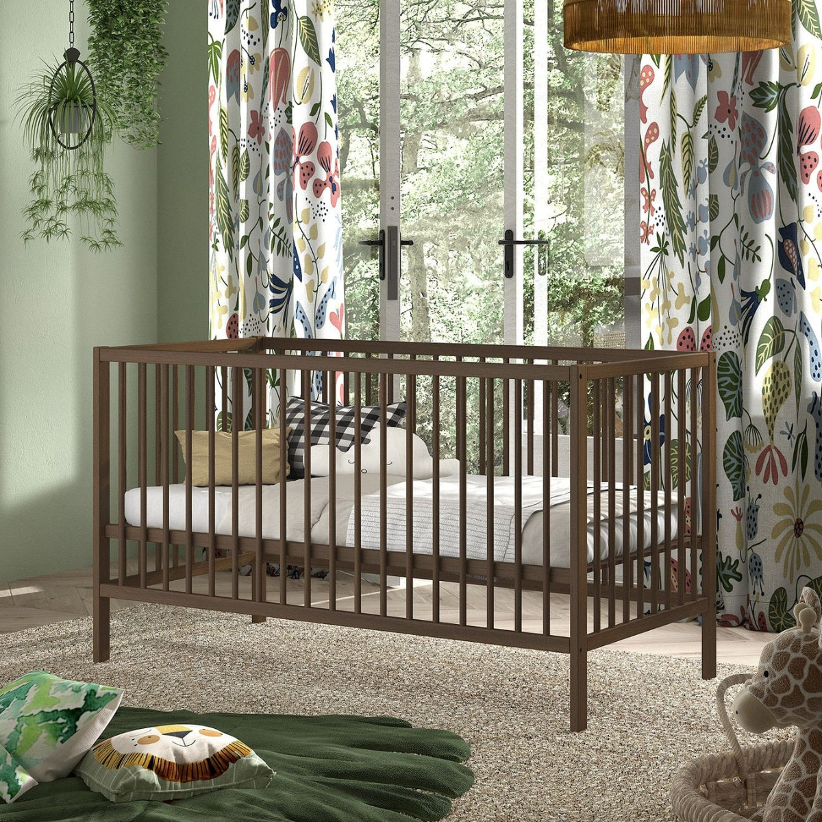 VIPACK JAXX DINO 140 x 70cm walnut wooden cot bed with mattress styled in a modern nursery