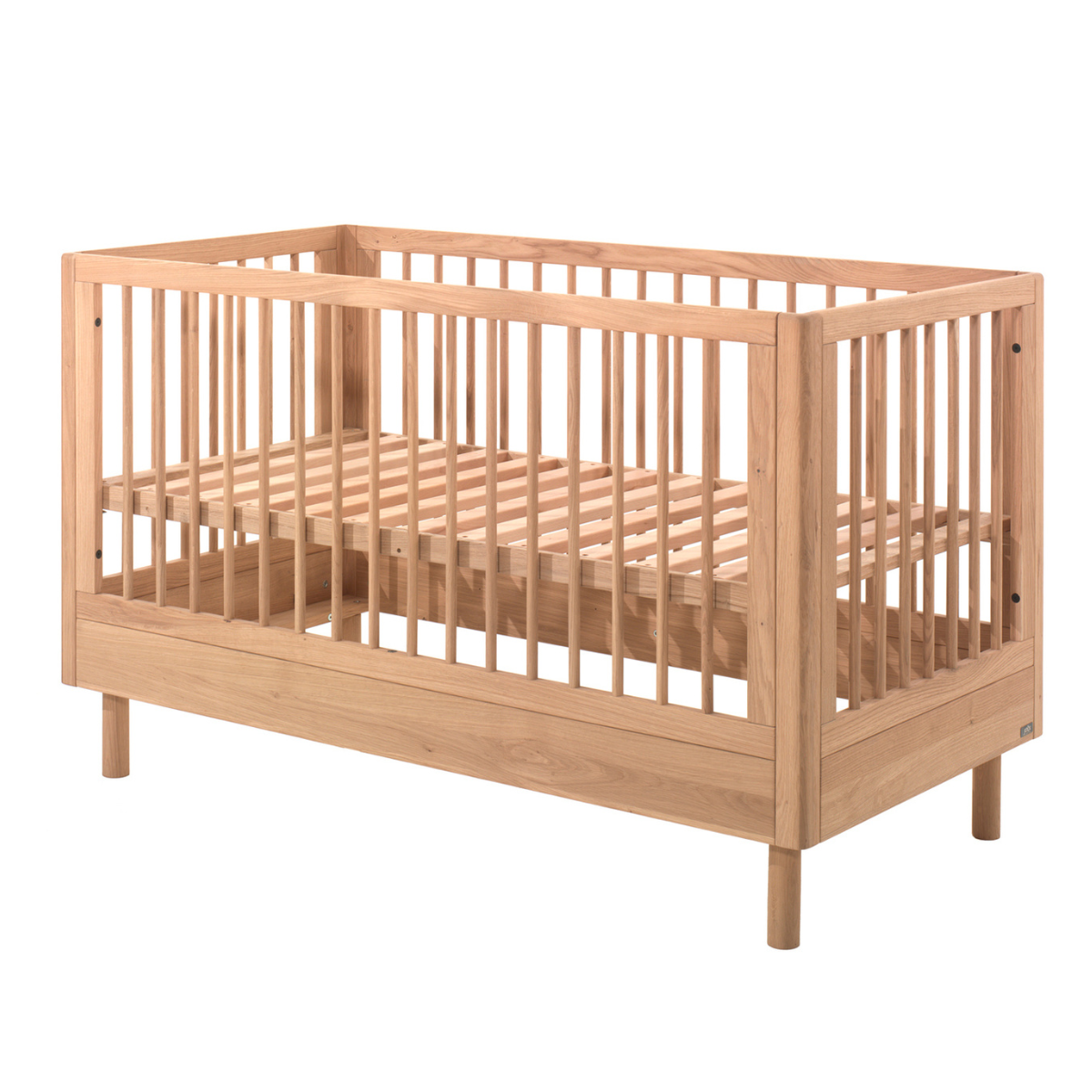 VIPACK JAXX FORREST solid oak wood cot bed  140x70cm size with slatted wooden base showing cot in high base from birth position