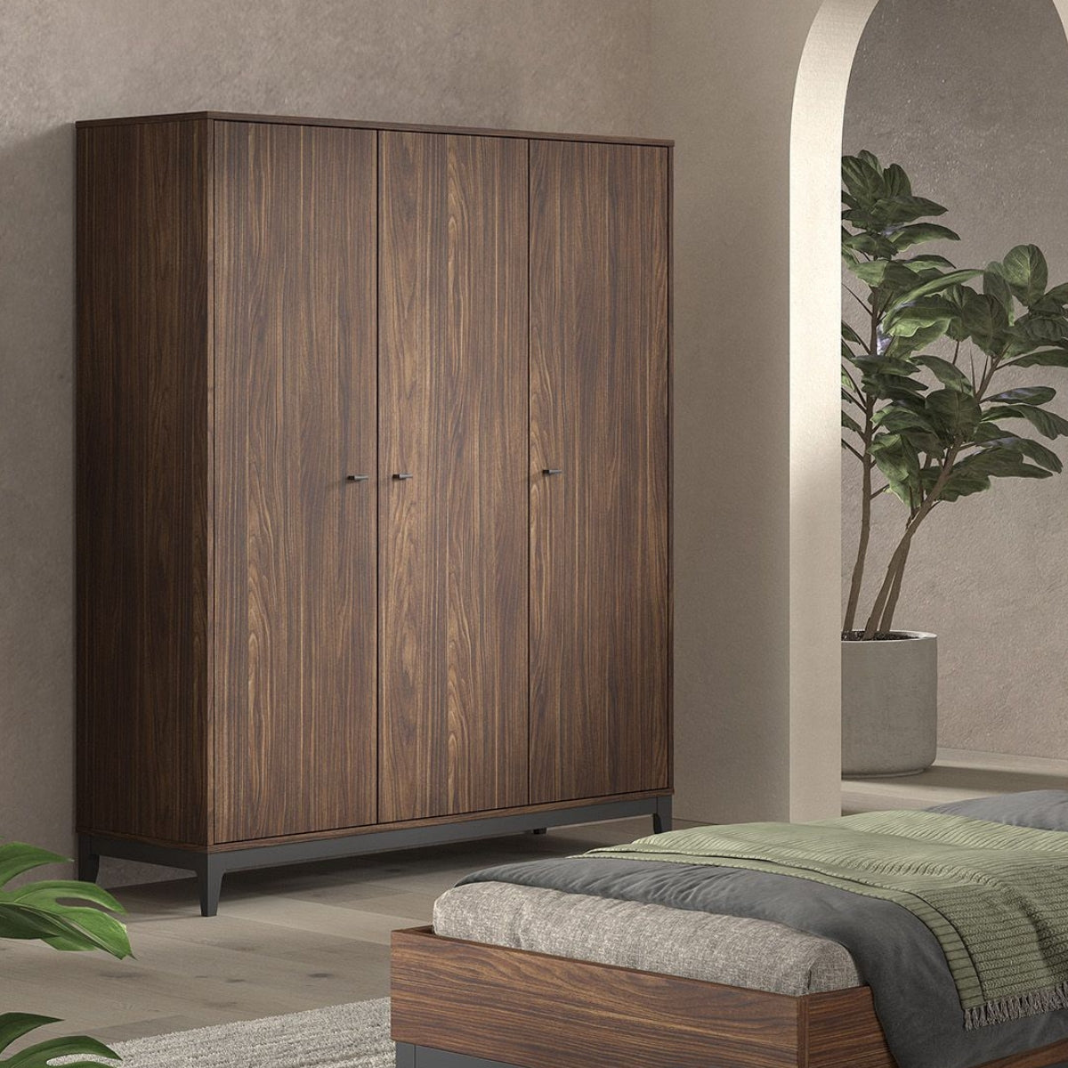 VIPACK ILYAS dark wood walnut 3 door wardrobe in modern older child's or teenage bedroom
