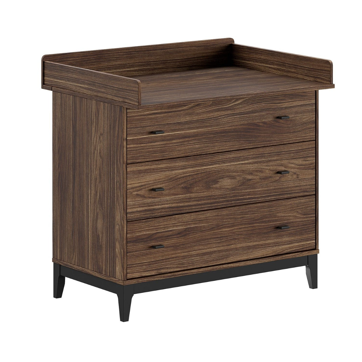 VIPACK ILYAS walnut baby changing top on 3 drawer chest with soft close drawers on plain white background