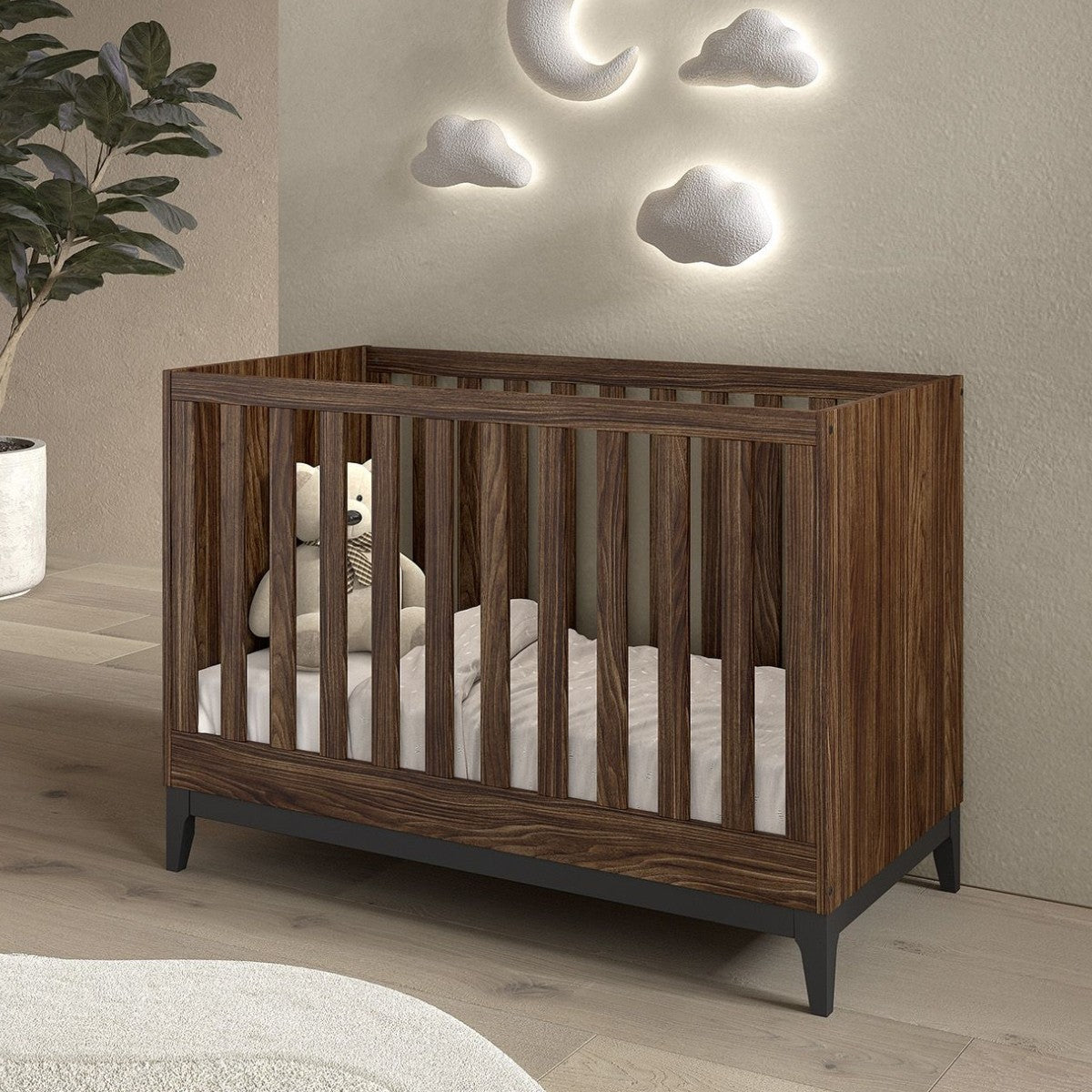 VIPACK ILYAS dark wood walnut 120 x 60cm baby cot in contemporary nursery with neutral decor