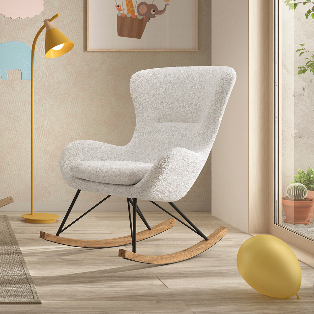 White rocking nursing chair in a modern living room with a yellow floor lamp and a plant.
