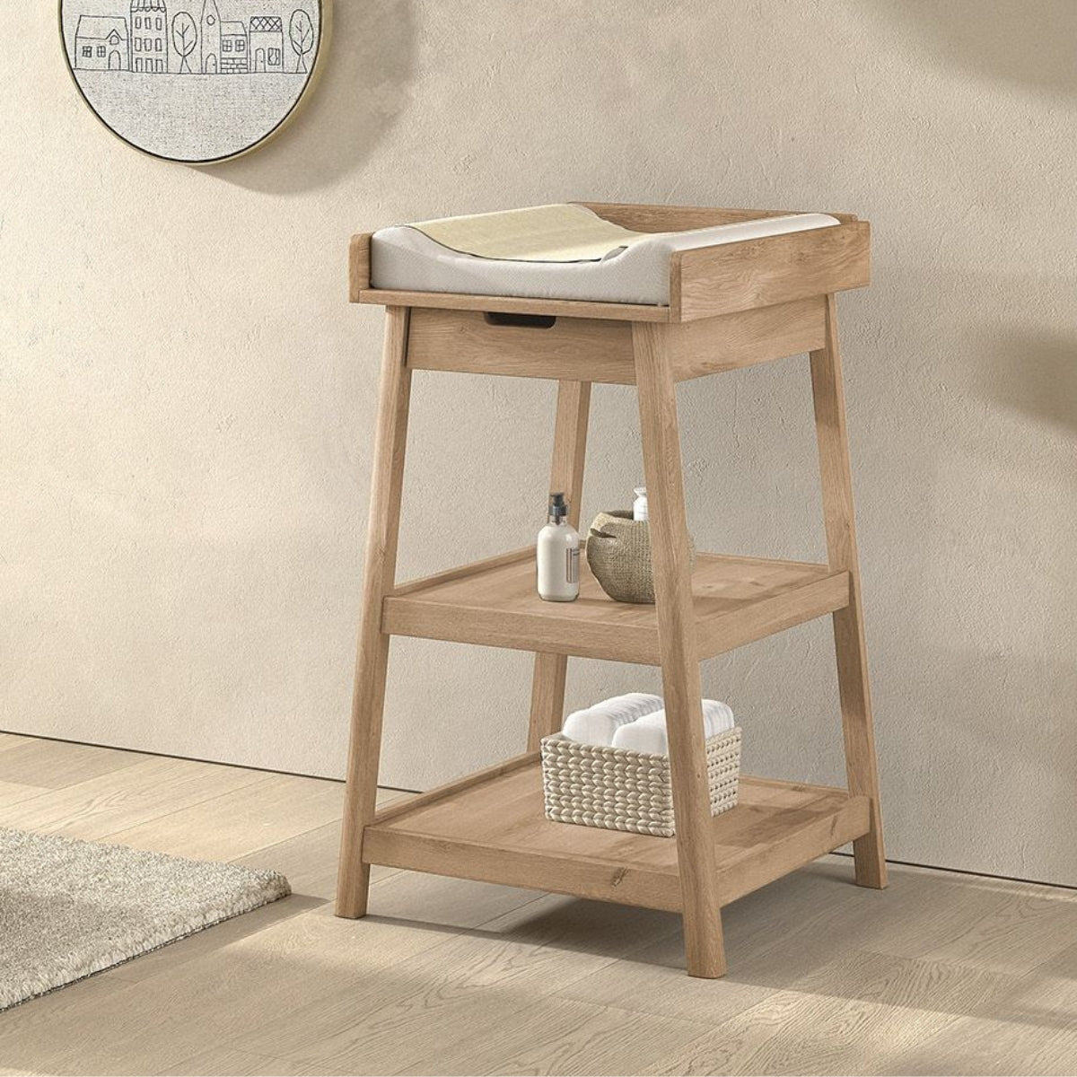 VIPACK JAXX WOODS solid oak baby changing table with drawer and two storage shelves in modern nursery with neutral decor