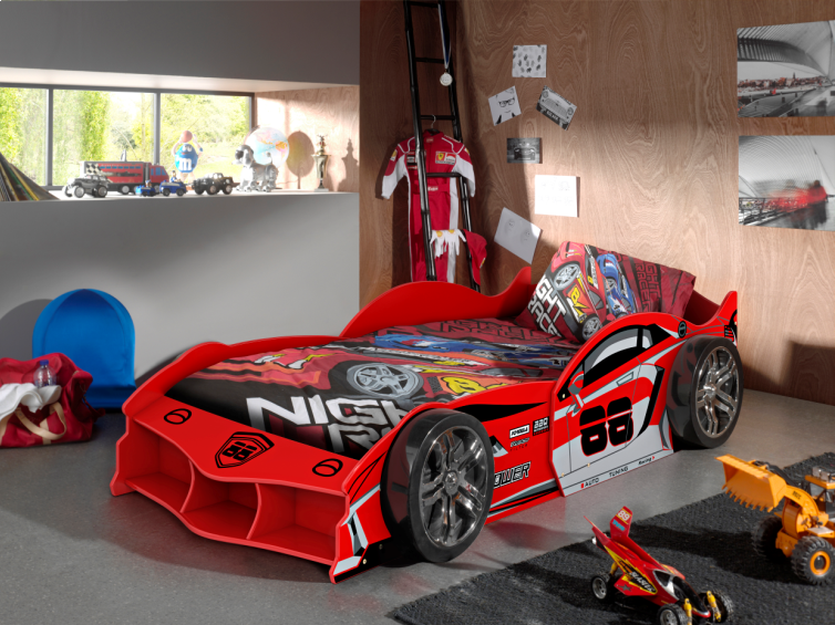 VIPACK MAX red racing car kids single bed in children's racing car themed bedroom