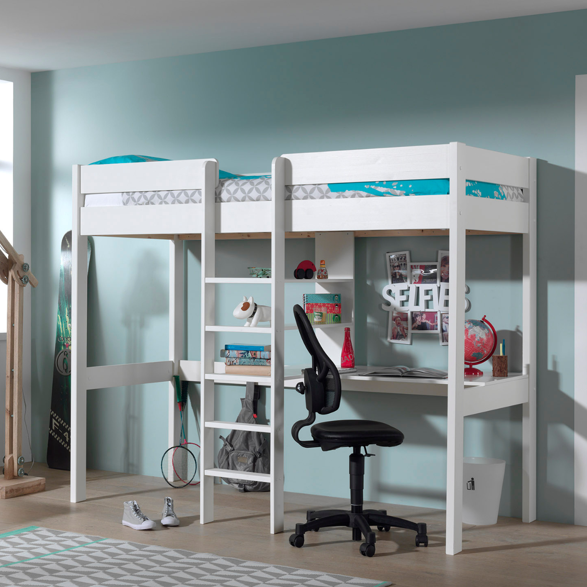 VIPACK PINO European single loft bed 90 X 200cm with ladder white